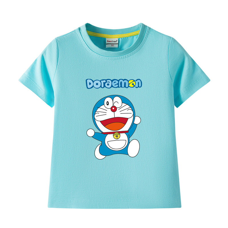 Doraemon-Camiseta de manga corta con estampado de dibujos animados para niños, ropa de ocio de verano, cuello redondo, Algodón puro, Tops Kawaii para niñas