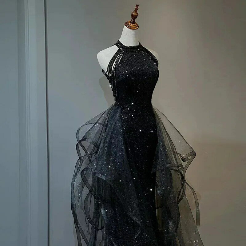 Gaun malam payet perca jala hitam gaun pesta tanpa tali Halter seksi gaun Prom Formal pernikahan modis