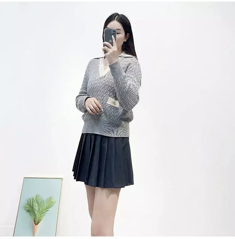 Pulôver feminino de malha manga comprida com decote v, suéter casual, cor contrastante