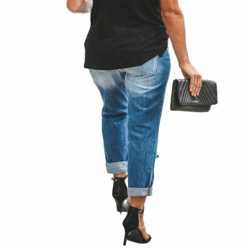 กางเกงยีนส์แฟชั่นสไตล์ยุโรป-อเมริกันสำหรับผู้หญิงกางเกงคาวบอยเอวกลางซักขาดรูสำหรับฤดูร้อน
