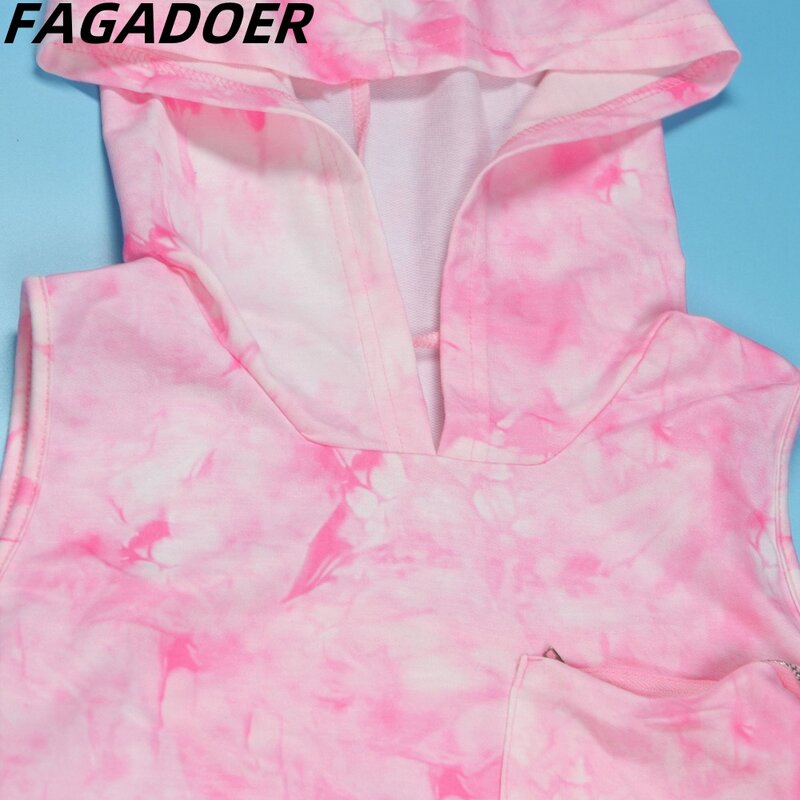 Fagadoer Fashion Tie Dye Print Carrokken Tweedelige Sets Dames Capuchon Mouwloze Crop Top En Skinny Rokken Streetwear