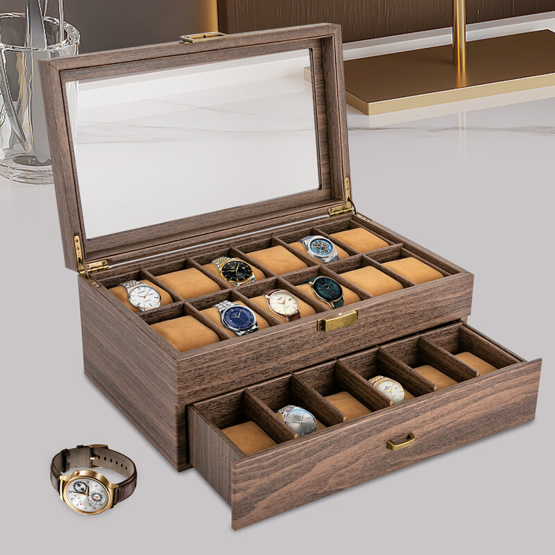 24 Slot Watch Box, Tabletop Brown Watch Holder Organizer, Lockable Jewelry Display Box Storage  for Home Stores