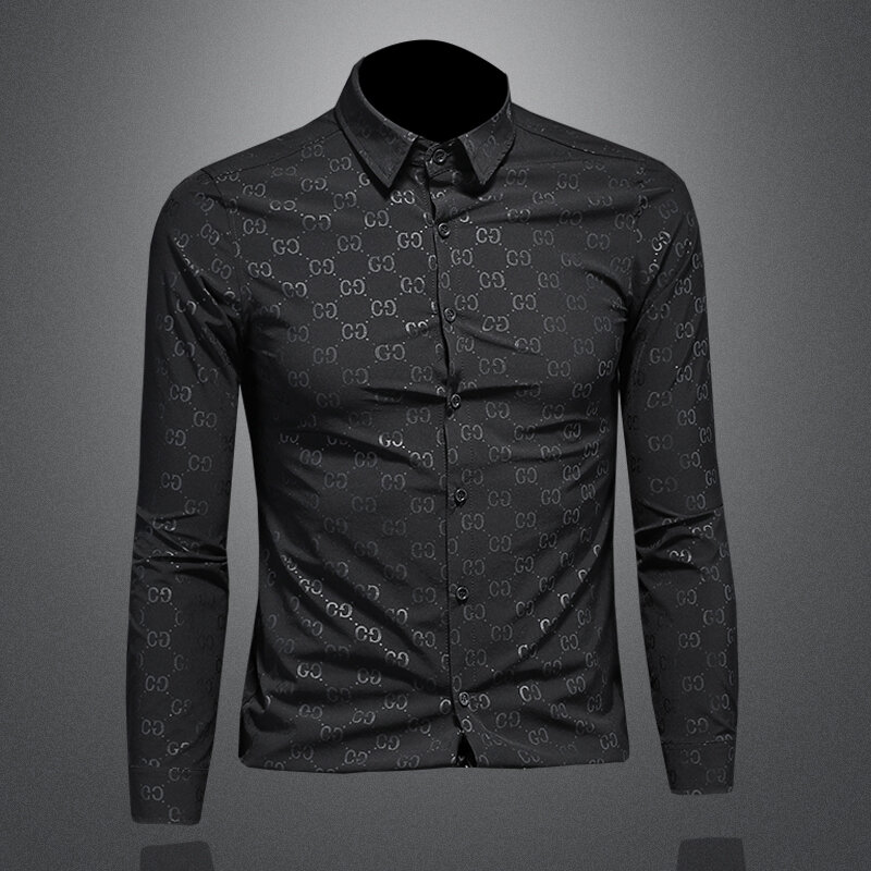 Camisa Negra de alta calidad para hombre, camisa de manga larga ajustada, parte inferior de moda de negocios, top de boutique de un solo pecho