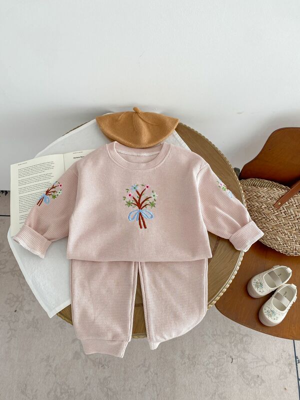 2024 Spring New Baby Long Sleeve Clothes Set Boy Girl Embroidery Sweatshirt + Pants 2pcs Suit Toddler Waffle Casual Outfits