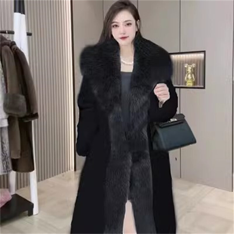 2023 Winter New Mink Fur Integrated Coat Women's Fox Hair Collar European Mink Fleece Medium Length Fur Coat Women's Trend