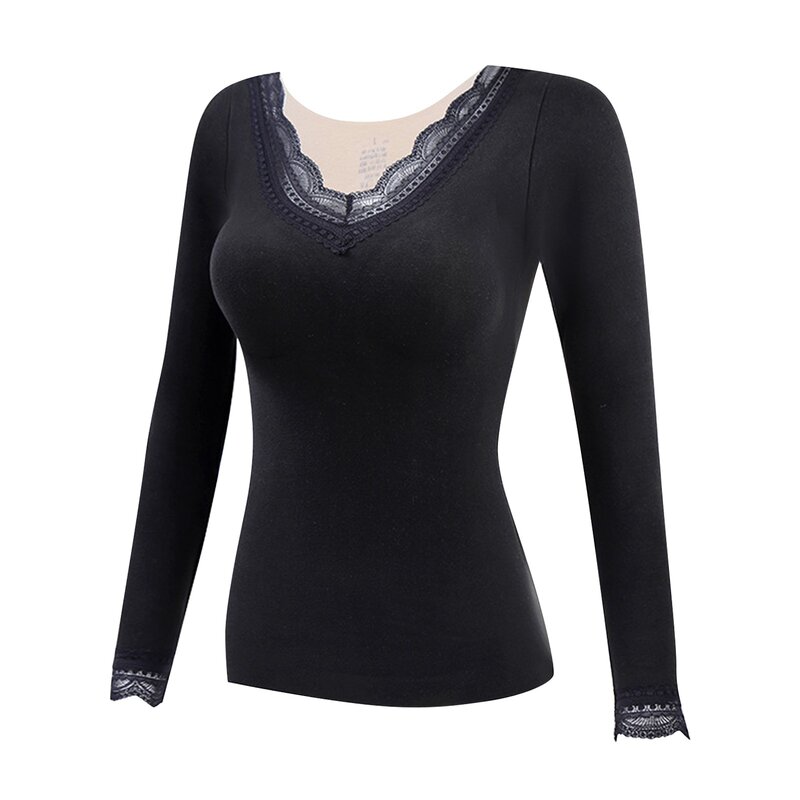 Women's Thermal Underwear With Padded Bra Lace V Neck  Thermo Warm Bottoming Top Warm Winter Clothes Women Thermo Clothing