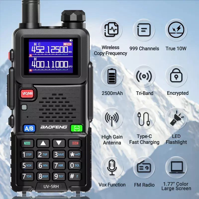 Baofeng-walkie-talkie piezas, Radio bidireccional, 2 UV-5RH, 10W, frecuencia de copia inalámbrica, carga tipo C, UV 5R mejorada