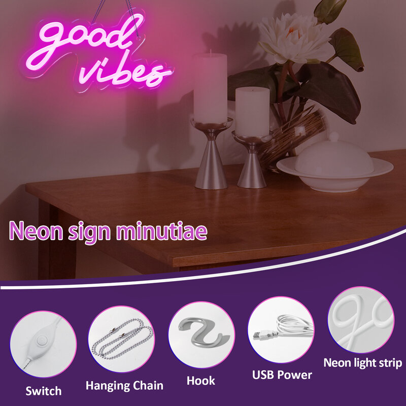 Good Vibes LED Neon Light Wall Art Aesthetics Hanging Neon Sign Wedding Decoration Dimmable Night Light For Bar Party Room Decor