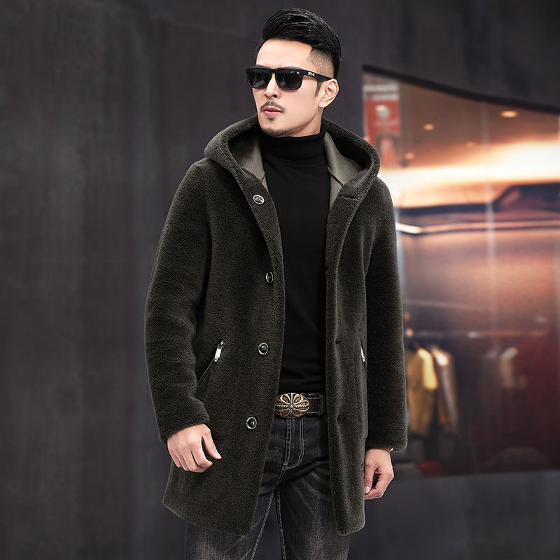 2022 Autumn Winter Men Fashion Real Fur Solid Outwear Male Hooded Sheep Shearing Jackets Men Natural Lamb Fur Warm Coats O21