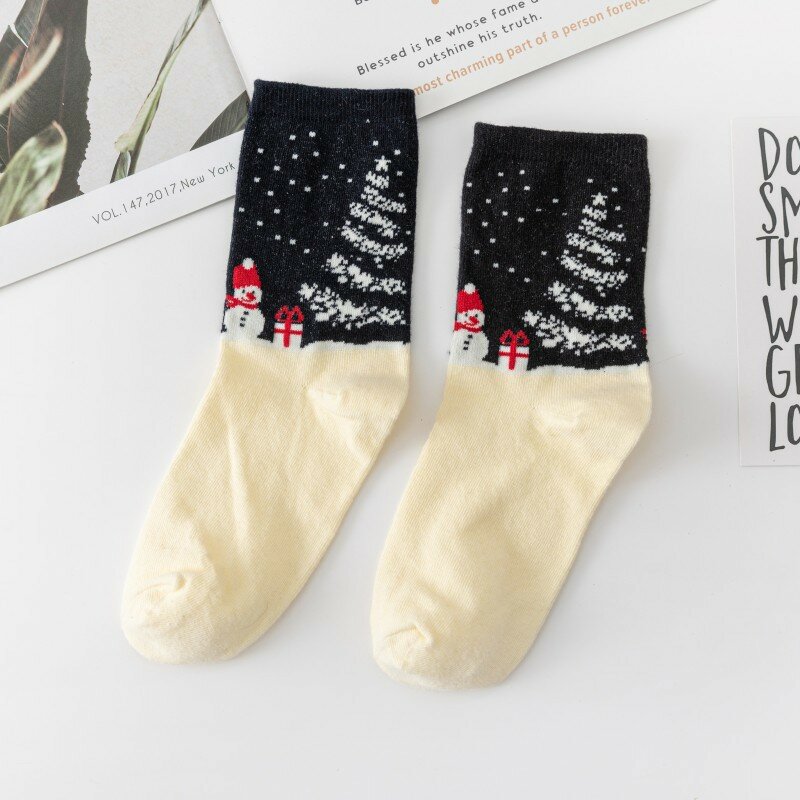 Женские носки средней длины, женские модные забавные носки с белым низом и изображением снеговика, лося