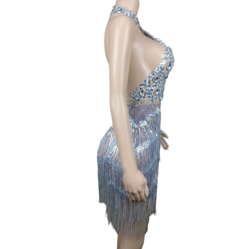 Sanjiao-Vestido corto de lujo para niña, traje Sexy transparente con cuello Halter, cuentas plateadas, cristales y borlas, para fiesta de cumpleaños y graduación, 2024