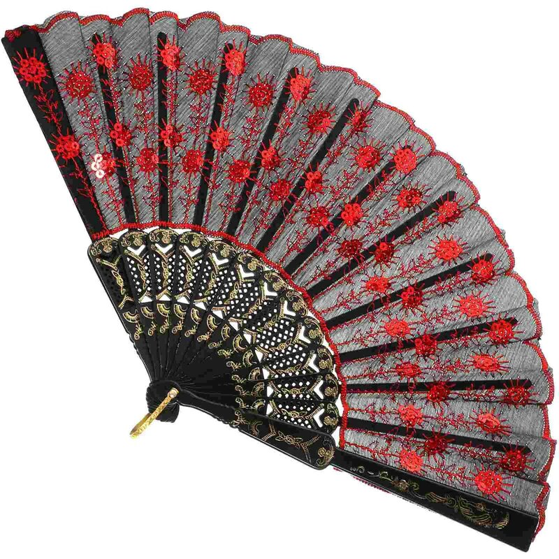 Fashionable Sequins Fans Handheld Handmade Dance Hand Fans Handhelds for Performance Stage Show (Red)