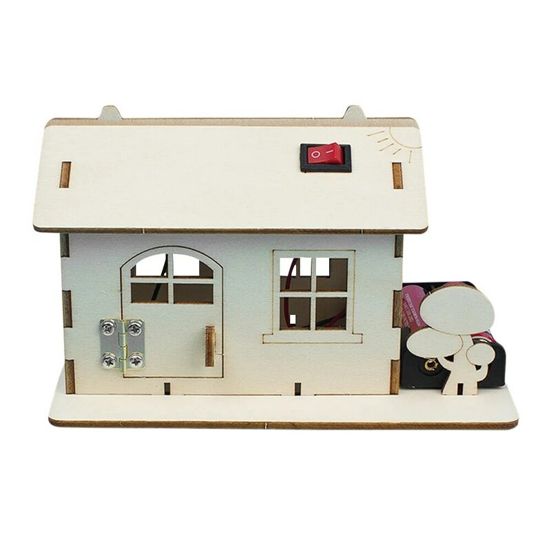 Child DIY Handmade Wooden Cabin With Light Assembly Building Model Toy Funny Science Experiment Circuit Assembly Tools Set