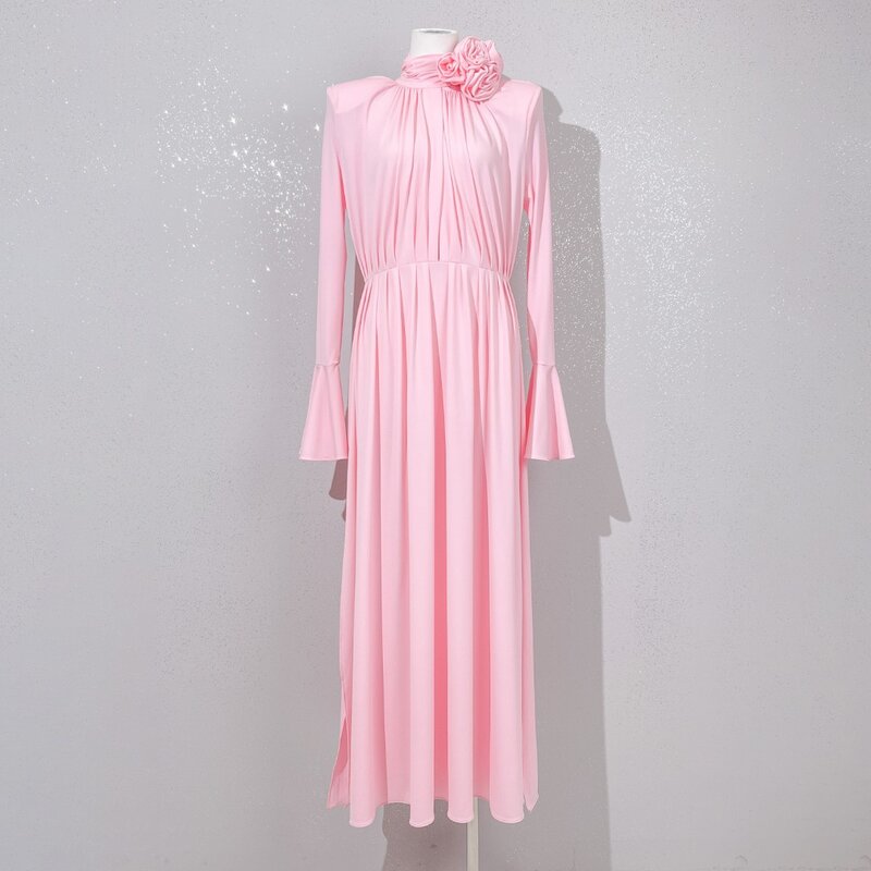 Destacável tridimensional rosa floral flutter vestido longo com fenda lateral acolchoado ombro vestidos de manga queimado para mulher 2023