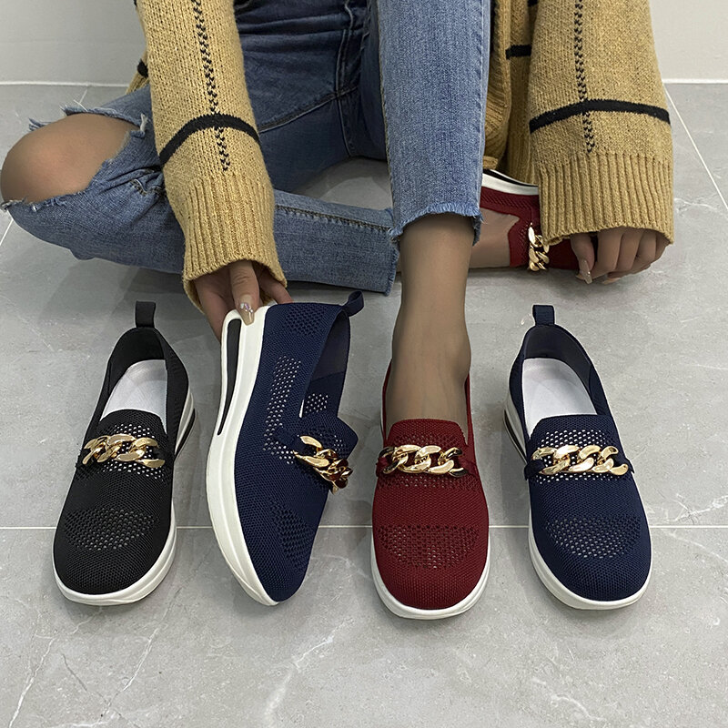 Sneakers Sepatu Platform Fashion Wanita Gesper Logam Jaring Bersirkulasi Ujung Bulat Tebal Sol Sepatu Olahraga Kasual Fashion Wanita