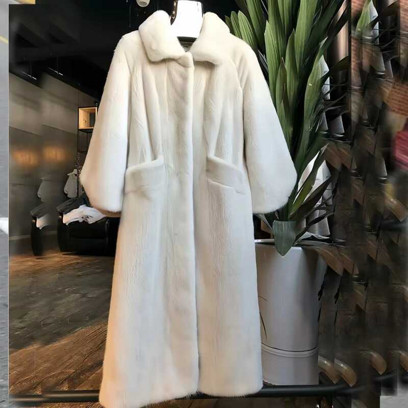 여성용 인조 밍크 모피 코트, 조절식 허리 재킷, 턴다운 칼라, 퀼트 두꺼운, 가을 및 겨울, 2023, 한국 아웃웨어