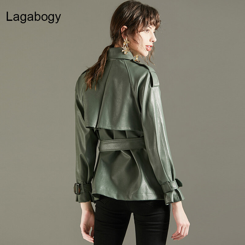 Autumn PU Lagabogy Women 2023 Faux Spring Leather Jacket With Belt Green Color Coat Simplicity Loose Overcoat Office Lady Outwea