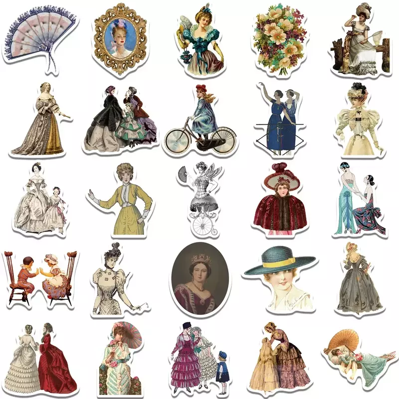 Victorian Retro Character Lady Adesivo, Decalques Graffiti, Lady Adesivo, Laptop, Telefone, Guitarra, Skate, Mala, DIY, Manual, 52Pcs