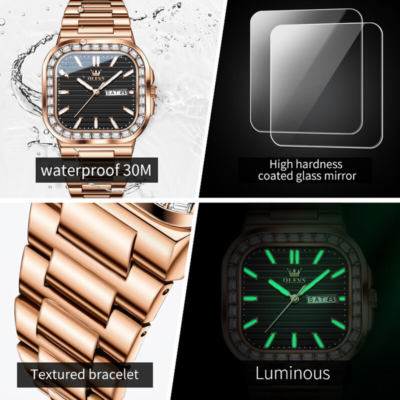 男性用olevsクォーツ時計,ステンレス鋼,防水,発光,週日付,高級ダイヤモンド時計,新しいファッション,2022