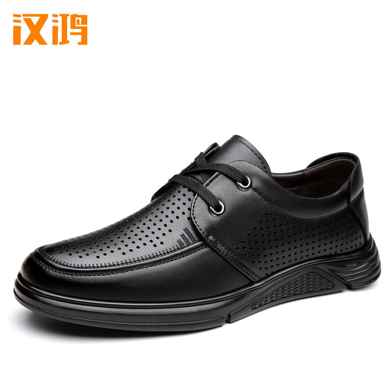 أحذية Han Hong من الجلد الطبيعي ، أحذية رجالية غير رسمية مانعة للانزلاق ناعمة ومجوفة للتنفس ، صيف جديد ،