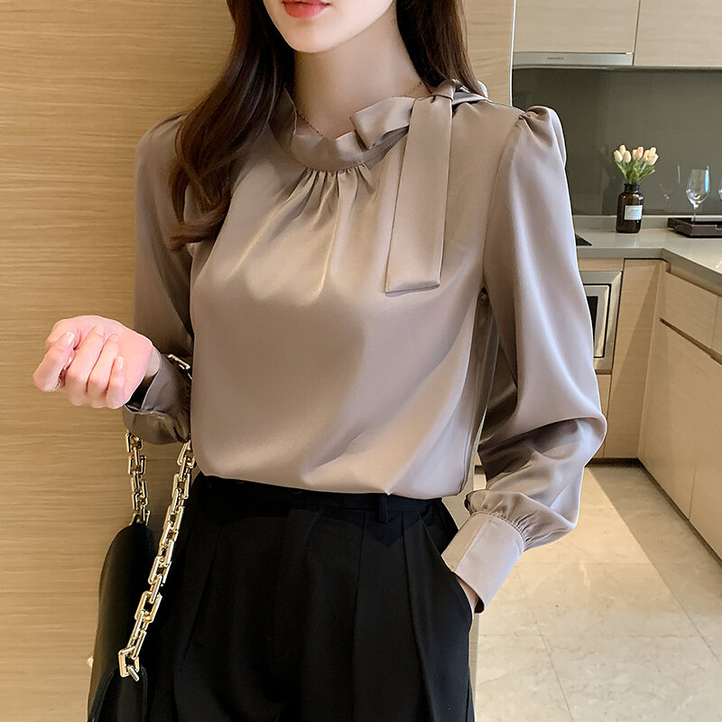 Blusa coreana con estampado de café para mujer, camisa de manga larga con cuello redondo, informal, holgada, con lazo, para oficina, para otoño, 2023