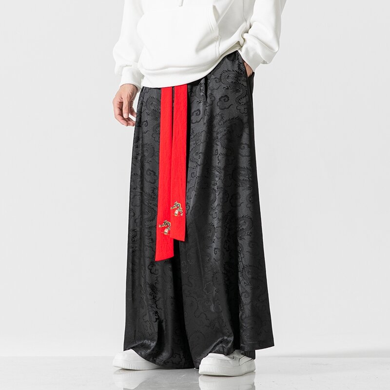 Lodowy jedwab męskie spodnie z szerokimi nogawkami z ciemnymi wzorami i szerokimi nogawkami w stylu Vintage luźna szarawary męska elastyczna talia Harajuku spodnie do joggingu