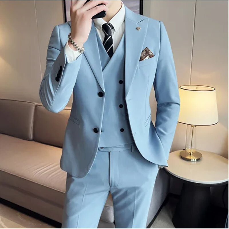 2024 Formal New Men's Business Solid Color Slim Suit Slim Fit Double Breasted Waistcoat Dress Blazers Coat Vest Pants