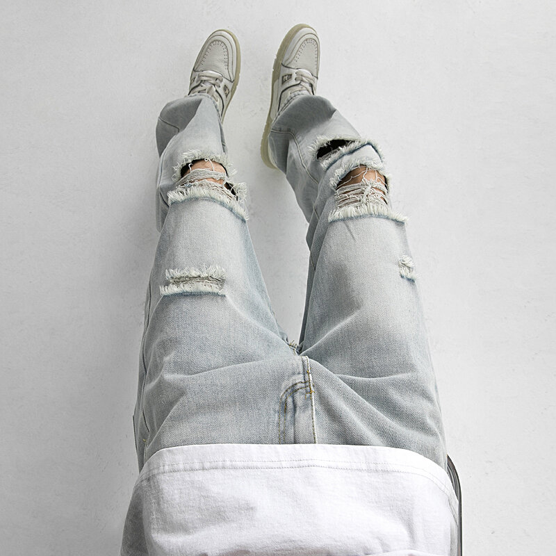Pantalones vaqueros rasgados para hombre, versión coreana de la tendencia high street, transpirables, novedad de verano, 2024