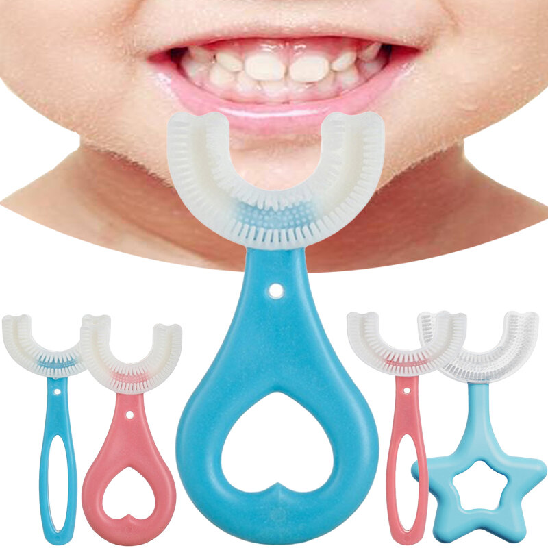 Escova de dentes infantil em forma de U, escova de silicone infantil, dentes para crianças, higiene oral, 360 graus