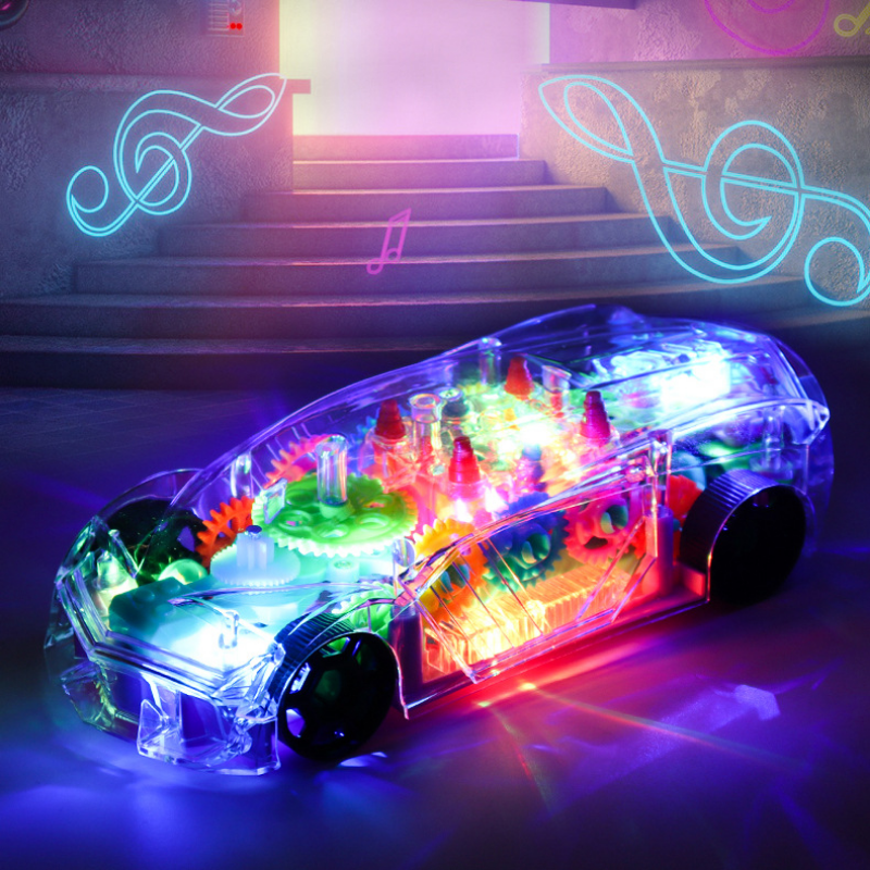 Electric Universal Transparent Gear Concept Car Toys 360 Rotation LED Light Music Children's Educational Toy Car for Kids Gifts