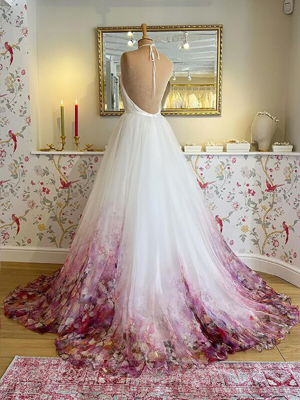 2023 Свадебные Платья с цветочным принтом и палантинами, свадебные платья для возлюбленных, свадебное платье для невесты, женское пляжное платье с коротким шлейфом