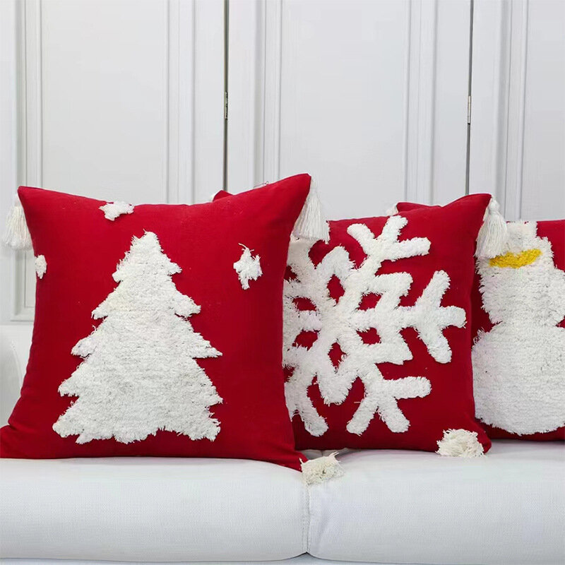 عيد الميلاد ندفة الثلج المطرزة المخدة ، غطاء الوسادة ، كيس القطن توتنغ عادية ، علبة أريكة ، ديكور غرفة نوم ، أحمر ، أبيض ، 45x45cm
