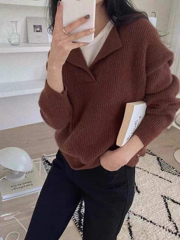 WARMnew pullover Oversize maglione solido per le donne autunno donna maglione allentato a coste lavorato a maglia con scollo a v maglioni a maniche lunghe inverno