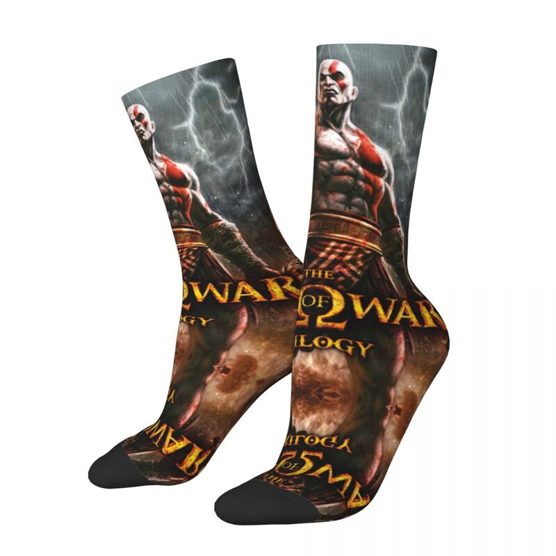 Vintag God of War ถุงเท้าฤดูหนาวใส่ได้ทั้งชายและหญิงถุงเท้าพิมพ์ลายถุงเท้าแนวสตรีทถุงเท้าพิม