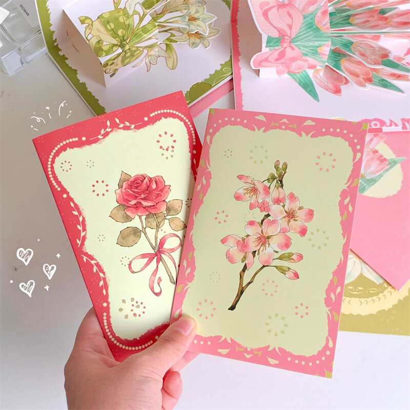 Tarjeta de felicitación de flores de acuarela, sobre de flores, postal, ramo, tarjeta de embalaje, tarjetas de Bless de cumpleaños, regalos de San Valentín