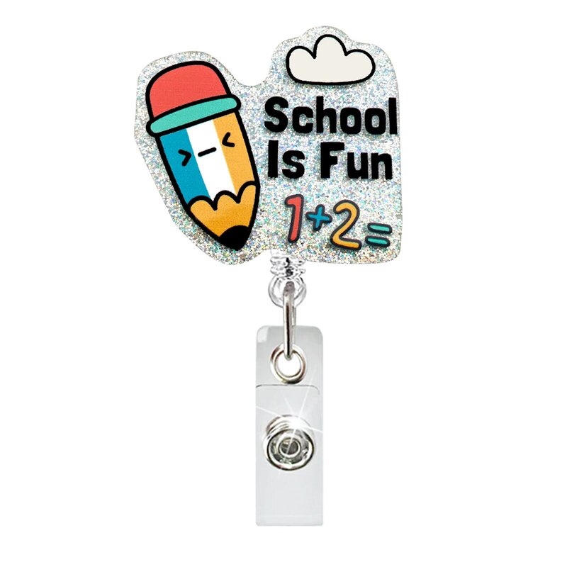 JESJELIU Rainbow Rocket Planet Pencil Acrylic Badge Holder Teachers Students Retractable ID Badge Reel Clip Teachers' Day Gifts
