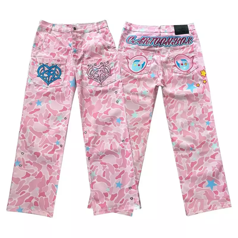 Pantalones vaqueros bordados para mujer, Jeans de pierna ancha y recta, diseño de sentido pesado, artesanía de camuflaje, Hip Hop callejero, color rosa, Unisex