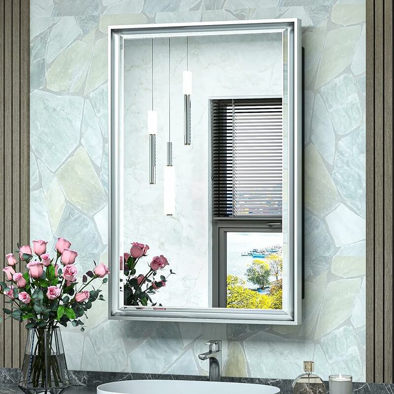 TokeShimi 16x24 Recessed Medicine Cabinet Bathroom Vanity Mirror Silver Metal Framed Surface Wall Mounted with Aluminum Alloy Be
