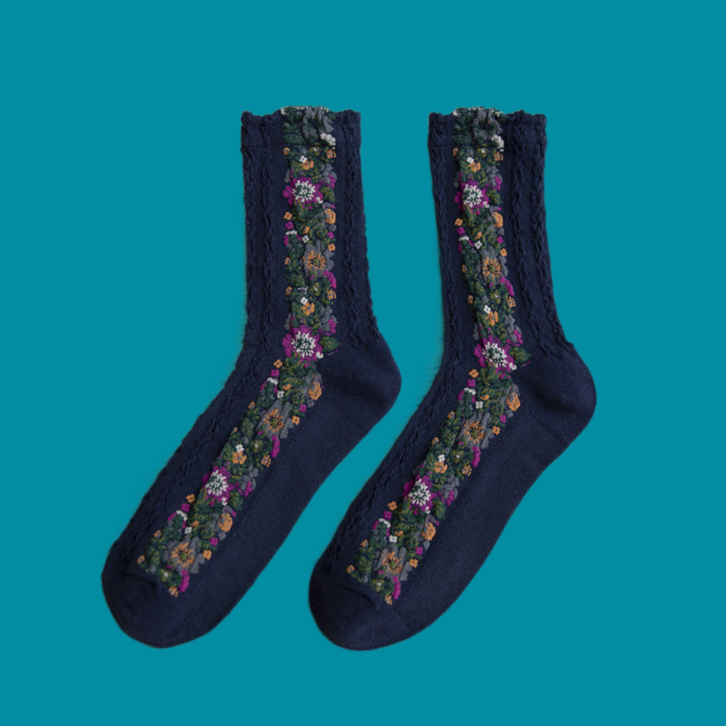 여성 개성 있는 종아리 작은 꽃무늬 양말, 에스닉 스타일 플라워 다크 패턴, 대마 플라워, 예술적인 면 양말, 5 켤레