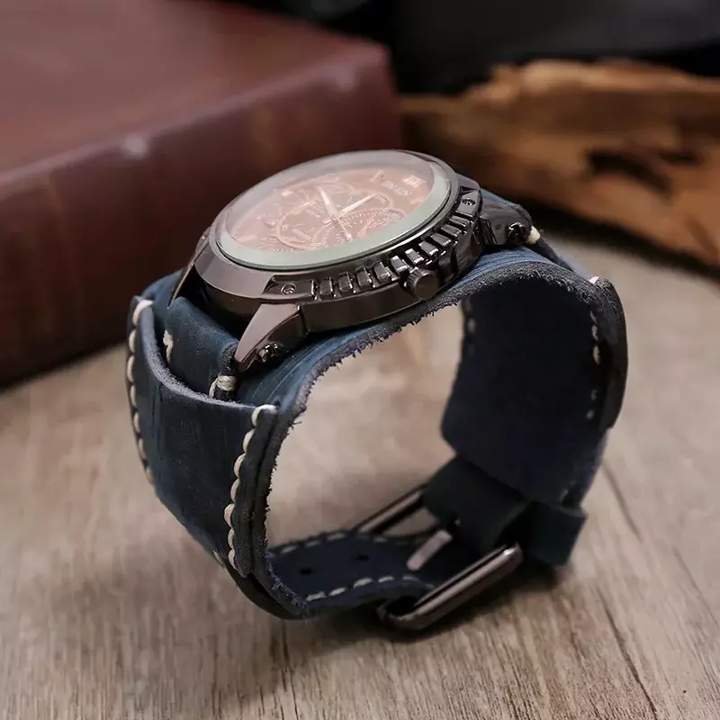 2023 New Fashion Men's Watches Luxury Big Dial Quartz Lovers Watch Wide Genuine Leather Punk Bracelet Sport Wristwatch Men Gift