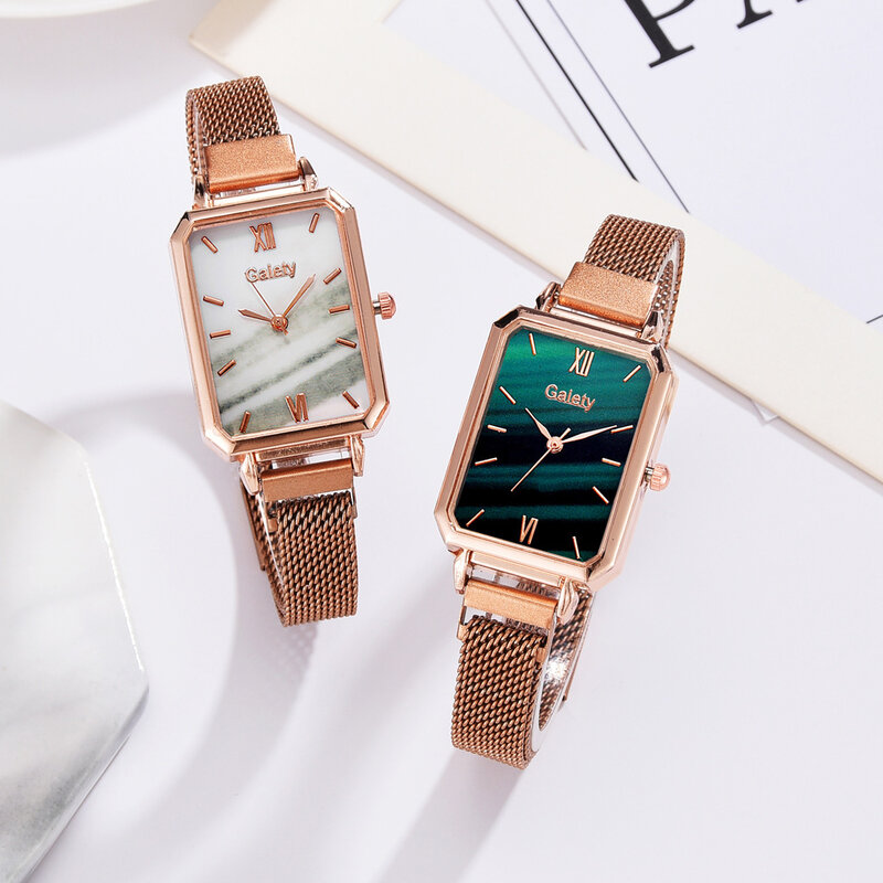 Relógio de quartzo quadrado simples para mulheres, relógios femininos, mostrador verde, conjunto de pulseiras, malha de ouro rosa, moda feminina, XFCS