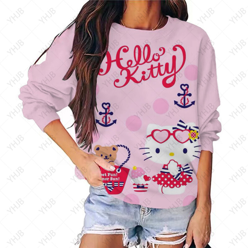 Camisola com estampa Hello Kitty feminina, manga comprida, gola redonda, capuz solto, estampa com letras, casual, simples, Tops versáteis, Inverno, 2022