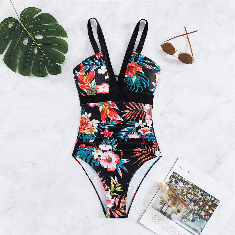 Sexy bikinipak voor dames, zwart met zwemkleding met bloemenprint, badpak