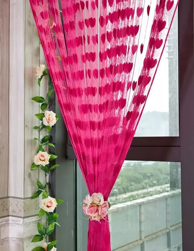 Fngz-cortina de chuveiro bonito com borla, cortina de porta com borla, para janela, coração, produtos de banheiro, rosa quente