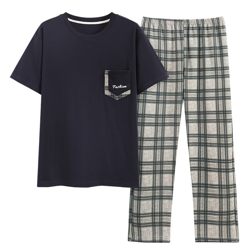 Pijamas de algodão listrado masculino, roupas de casa, conjunto lounge, pijama masculino, terno de calças tamanho grande, verão