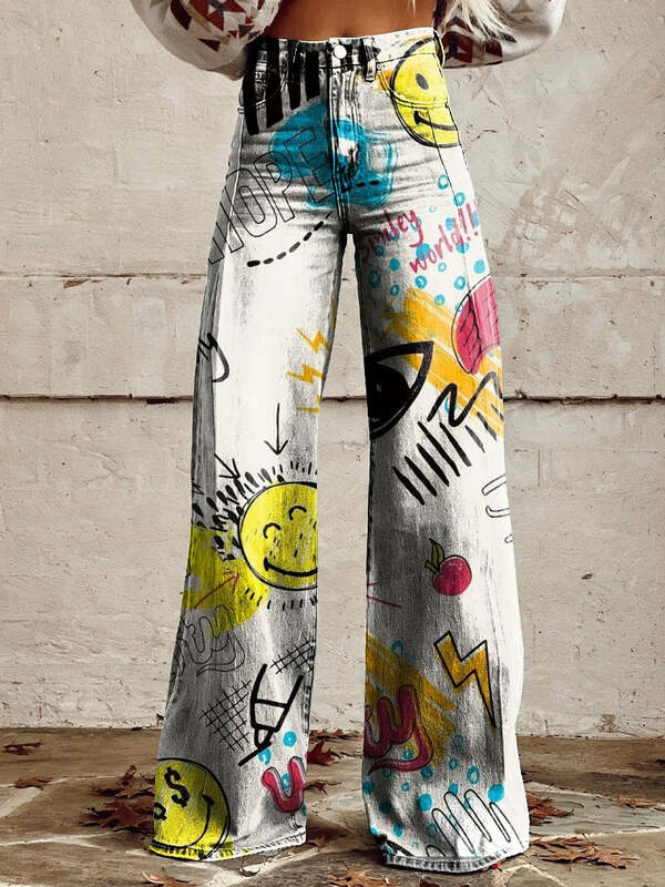 Pantalones de pierna ancha para mujer, patrón 3D de estrella retro, adecuados para compras diarias e informales, pantalones de pierna ancha para mujer, moda