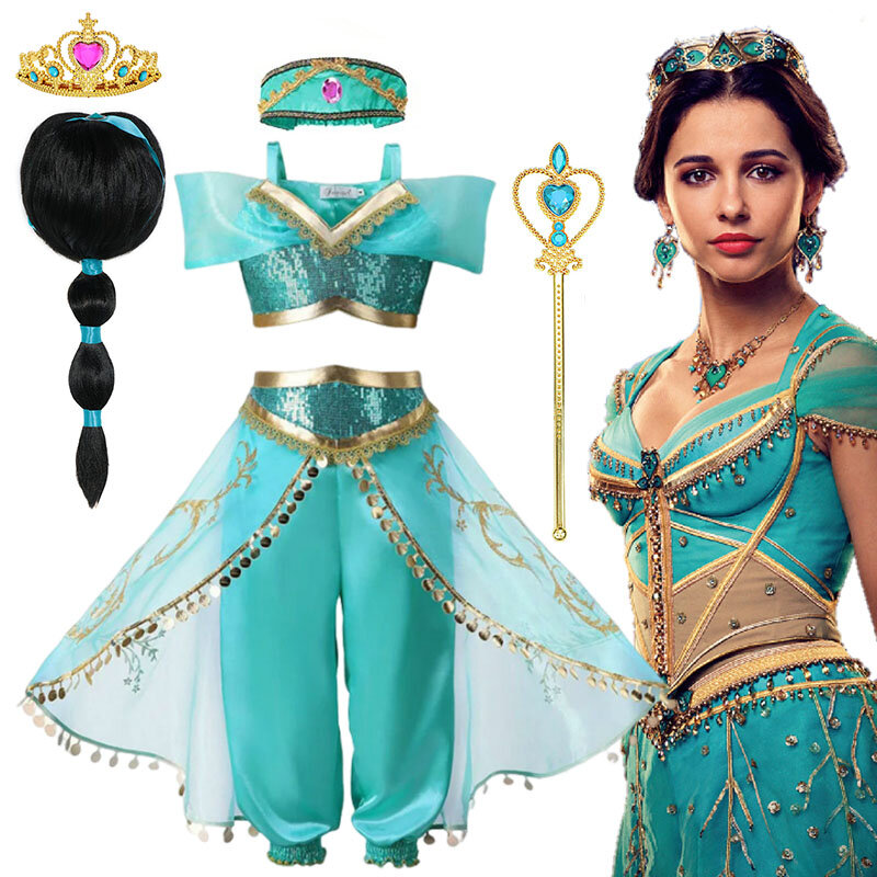 Jasmine kostum untuk anak perempuan Aladdin putri lampu ajaib Set Top celana pakaian karnaval Vestidos pesta ulang tahun kostum Cosplay 12T