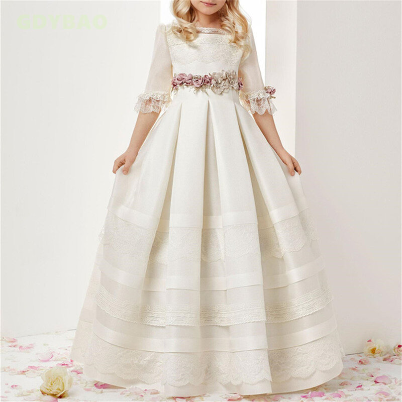 Bianco semplice prima comunione Flower Girl Dress pizzo mezze maniche Toddler Birthday Party Princess Beauty Pageant Prom Ball Gowns