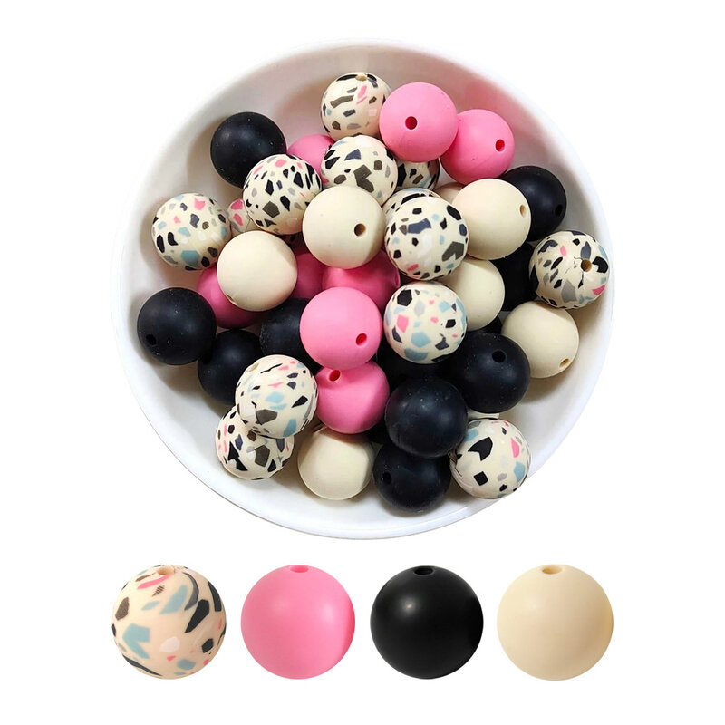 15mm 20Pcs Silicone Beads Round Print Food Grade Teething Beads for Baby Toy Soft Chew Teething DIY Pacifier Clips Necklace