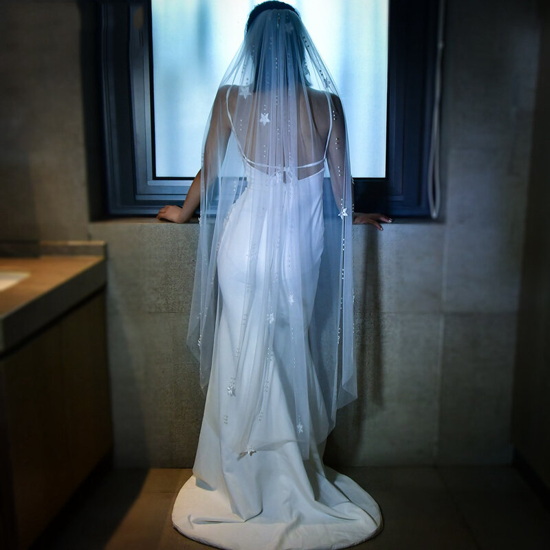 حجاب شبكي بنجمة بيضاء ، غطاء رأس رومانسي للعرائس ، حجاب زفاف ، BL4056